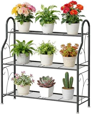 SORCEDAS Plant Stand Indoor Outdoor Plant Shelf 3 Tier Metal Corner Flower Stand Multiple Holder for Patio Garden Balcony Living Room, Dark Grey