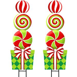 Grinchmas Christmas Decorations Outdoor, 2pcs Large Lollipop Peppermint Candy Gift Metal Yard Signs Xmas Decor, 43" Colorful Ornaments Lawn Stakes for Front Door Garden Home Farmhouse Outside Party