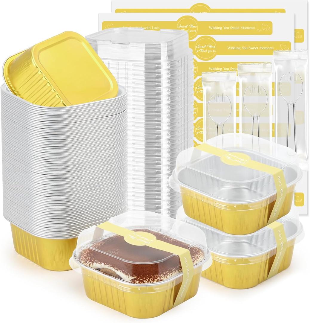 Ruckae 5oz 100 Pcs Square Mini Loaf Pans with LidsDisposable Foil Dessert Containers,Mini Cake Pans with Lids,Aluminum Dessert Cups for Parties and Weddings (Gold, 5oz)
