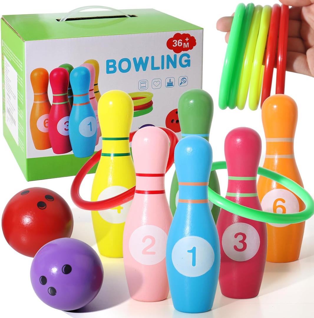 Dinhon Wooden Kids Bowling Set for Toddlers, Infants Ages 2-5 - 6 Pins & 2 Balls & 6 Ferrules, Educational Early Development Indoor Outdoor Games for Boys, Girls