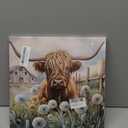 YUEYARIT Farmhouse Highland Cow Wall Decor in Teal and Brown: Rustic Cow and Dandelion picture Canvas Art Print, Gift for Bathroom or Kitchen, Ideal Animal Artwork for Living Room