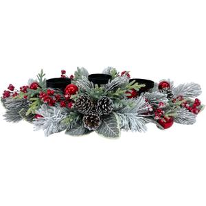 Christmas Candle Holder 3 Candle Holders Xmas Table Centerpiece with Snow Flocked Pine Branches,Pinecones, Red Berries
