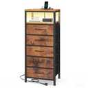 Sweetcrispy Nightstand with Charging Station 4 Fabric Drawers Bedside Table Night Stand with USB Type-C Ports, AC Outlets & Dimmable LED Light Strip, Modern Rustic Brown Bedroom End Table  4 Drawers - 11.8"D x 15.7"W x 33.6"H
