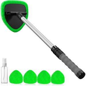 Desin Windshield Cleaning Tool, Car Window Cleaner Windshield Cleaner with 4 Reusable and Washable Microfiber Pads and Extendable Handle Auto Inside Glass Wiper Kit (Green)