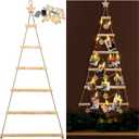 Large Wall Hanging Christmas Tree Display with String Light 49x24'' Wooden Lighted Christmas Tree Card Holder with 20 Clip and 14 Hook DIY Xmas Photo Display Rack for Holiday Wall Window Home Decor