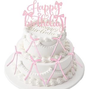 6 PCS Bow Cake Toppers Pink Bow Birthday Decorations Coquette Birthday Decorations Bows for Valentine's Day Cake Party High Footed Cup Balloons New Year Party Supplies