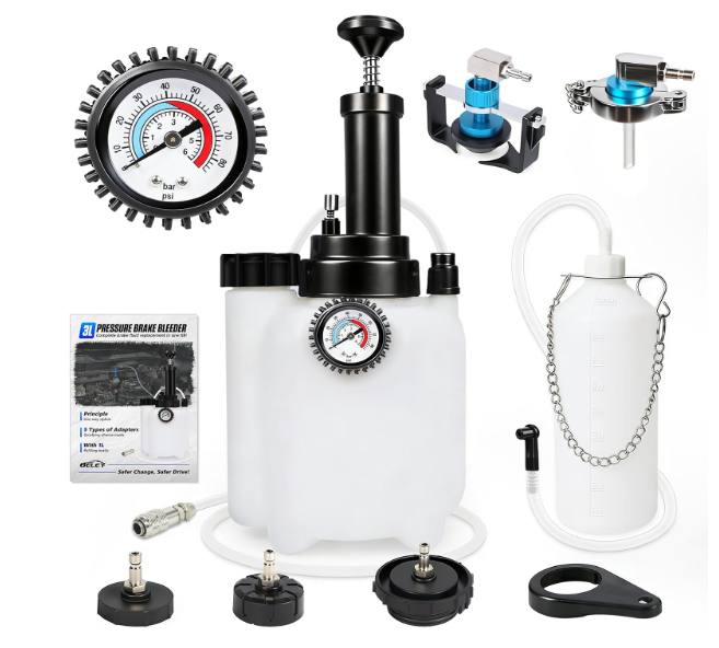 BELEY 3L Manual Brake Bleeder Fluid Pump, One Man Professional Brake Bleeder Kit with 1L Brake Bleeder Bottle & 4 Master Cylinder Adapters Suitable for All Vehicles