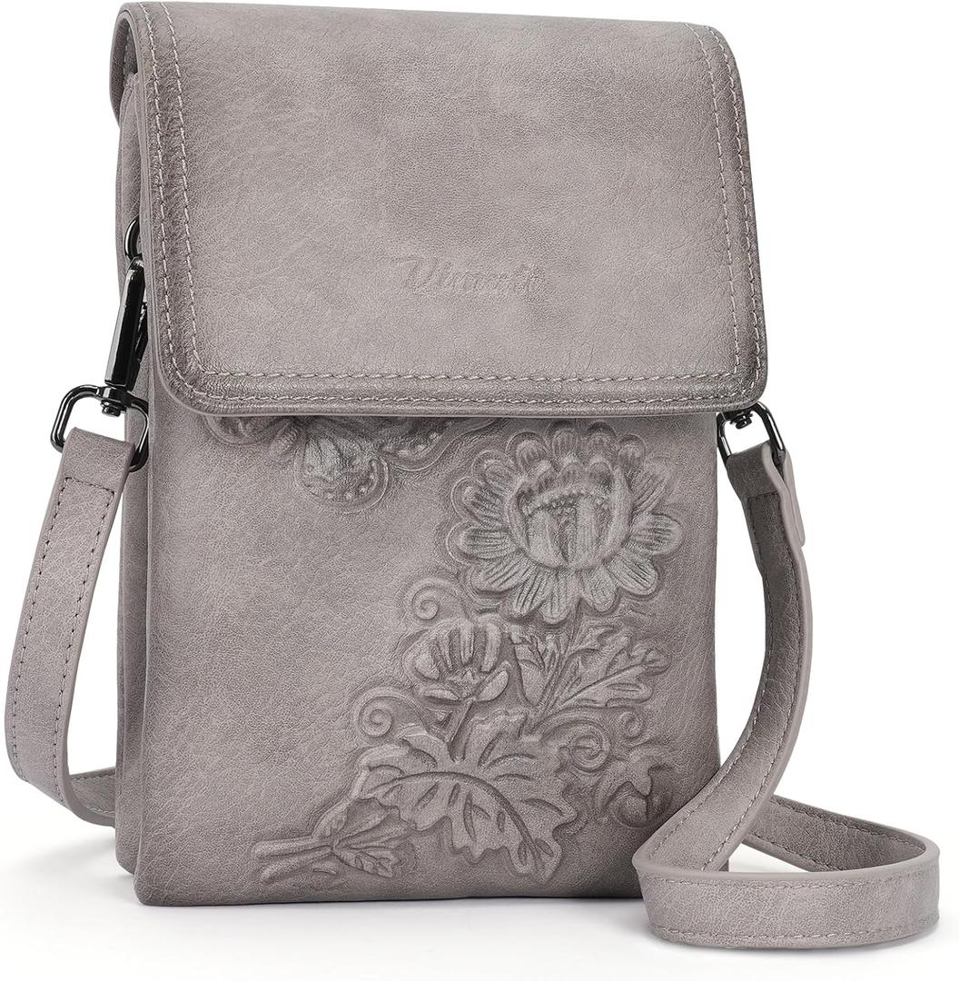 Small Crossbody Bags for Women Trendy Vegan Leather Cell Phone Bag Embossed Flower Design Wallet Purses with Strap (04-gray)