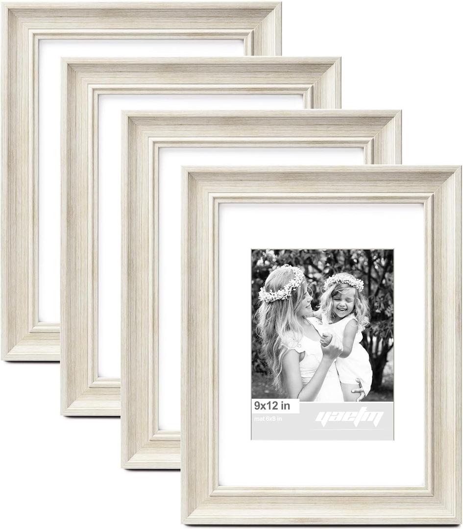 Yaetm 9x12 Picture Frame Matted to 6x8 Set of 4, 1.4 Wide Molding & Rustic White Photo Frames 9 x 12 with HD Tempered Glass for Wall Gallery, Home and Office, Wall Mount (4 pack, White)