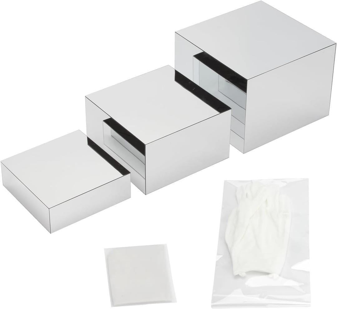 Glossy Silver Acrylic Boxes Dessert Collection Jewelry Perfume Display Stand Shelf, Hollow Bottom Cube Organizer Countertop Nesting Risers for Hangbag Shoe Home Boutique Retail Store, 3Pcs