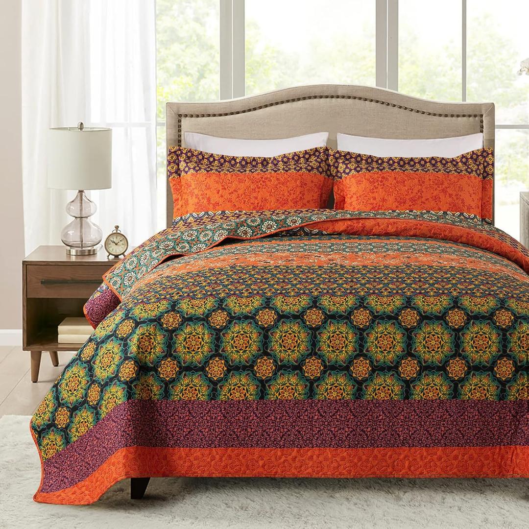 Homcosan Quilt Set, 3-Piece Queen Size Quilt Set with 2 Pillow Shams- Boho Reversible Soft and Lightweight King Quilt Bedding Bedspread Coverlet Set for All Season Use (Pumpkin) (Queen-90"x98")
