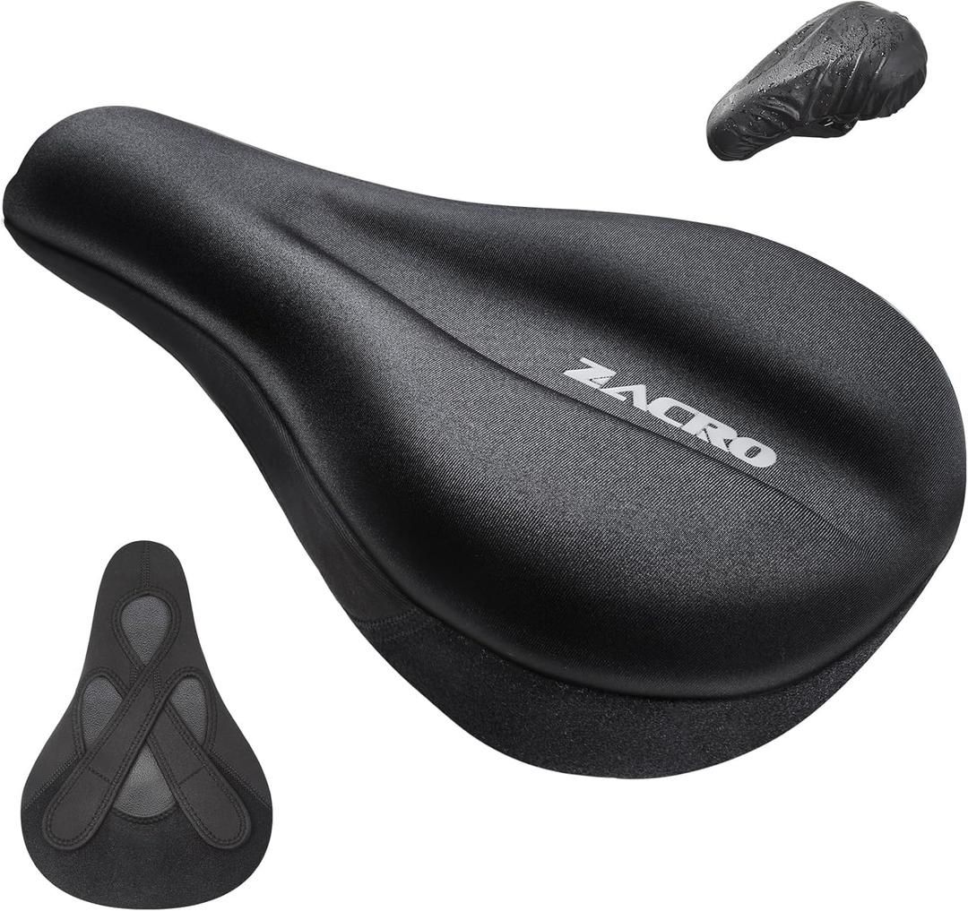 Zacro Bike Seat Cushion - Gel Padded Bike Seat Cover for Men & Women Comfort, Adjustable Velco Secure Bicycle Cushion Saddle, Fit with Peloton Bicycle, Indoor & Outdoor 11.4x7.6in (Black)