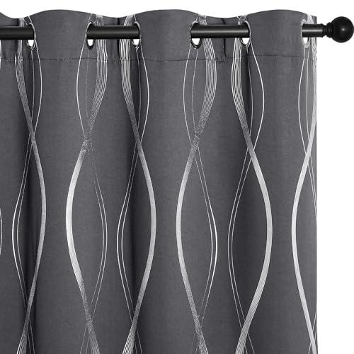 NICETOWN Grey Blackout Floral Pattern Curtains for Living Room 84 inch Long 2 Panels Set, Noise Reducing Thermal Insulated Wave Line Foil Print Bedroom Drapes for Patio Sliding Glass Door (52 x 84)
