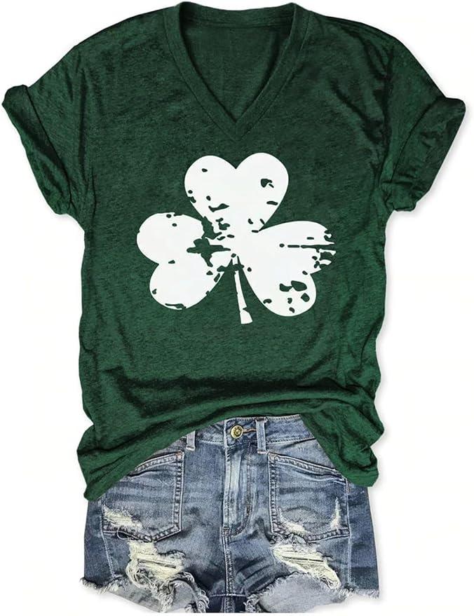 Butovek Womens Funny Lucky Irish Shamrock V Neck Shirt St Patricks Day Graphic Short Sleeve Top Casual Spring Tees (XL,Dark Green02)