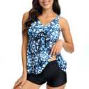 Witkey Swim Suits for Women 2024 Modest Two Piece Tankini Bathing Suits for Big Busted with Bra Support Womens Swim Boy Shorts Tummy Control and V Neck Flowy Tops Sets, XL, Blue Pattern