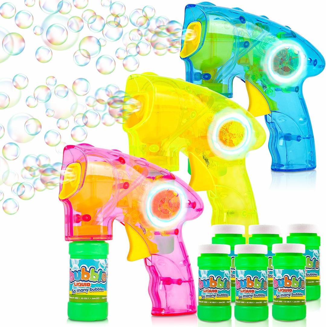 ArtCreativity Friction Powered Light Up Bubble Blaster Gun Set of 3 (No Batteries Needed) Includes LED Bubbles Guns and 6 Bottles Fluid, Outdoor, Indoor Fun Gift Idea, Summer Party Favors