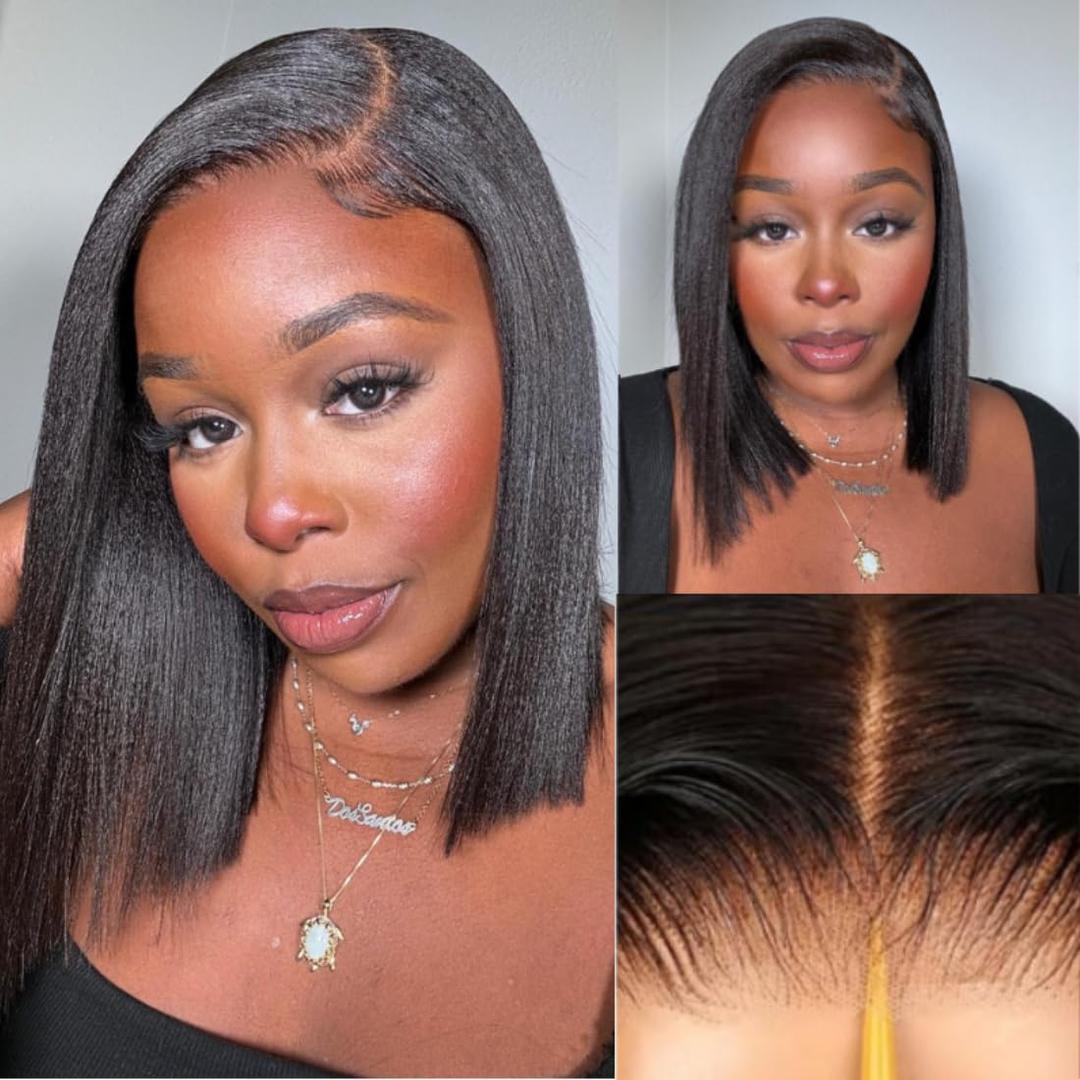 Nadula Glueless Yaki Straight Bob Bye Bye Knots 7x5 Lace Front Wigs Human Hair Pre Plucked Invisible Knots Pre Everything 3S Ready to Wear Short Yaki Bob Wigs Pre Cut 150% Density 10inch 