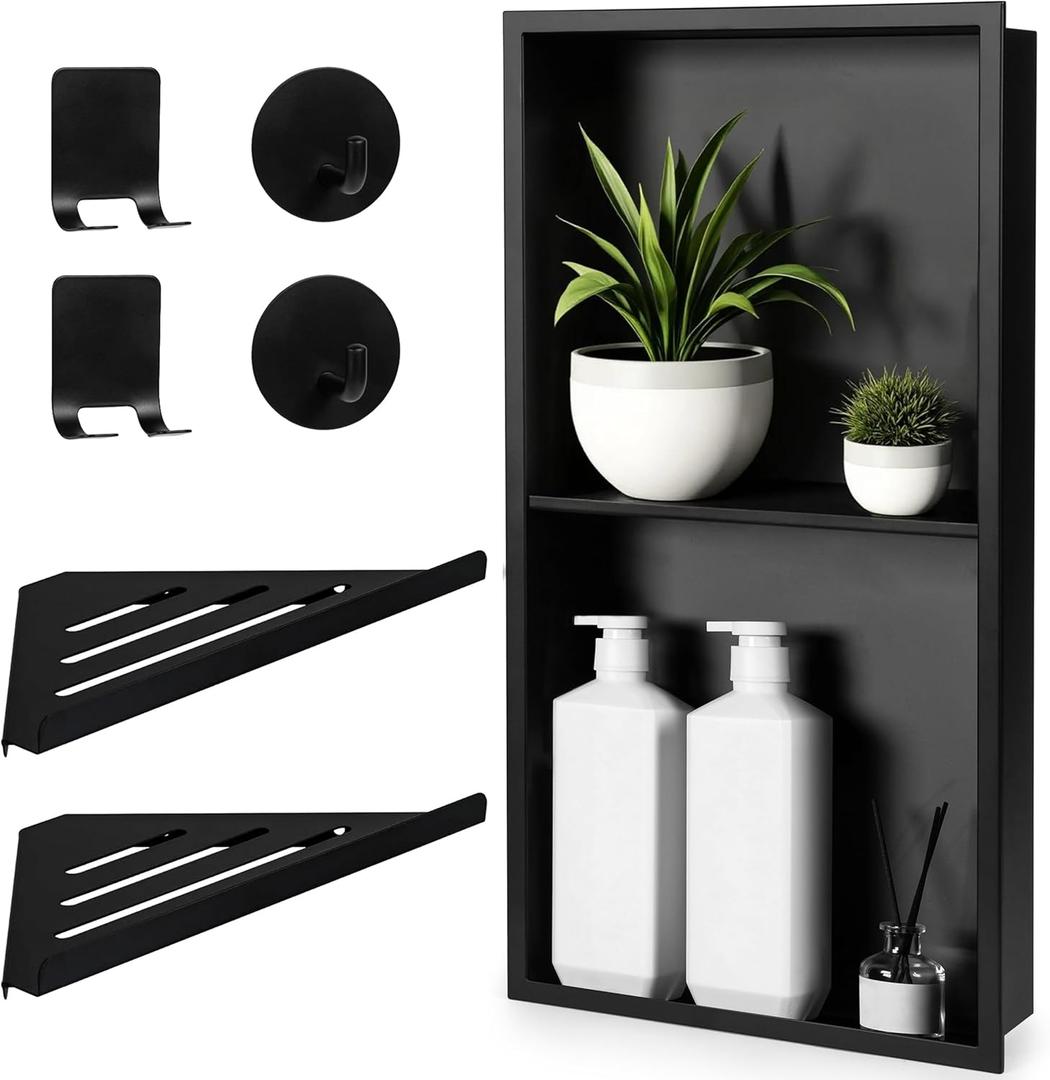 Stainless Steel Shower Niche No Tile Needed 24"x12" Inner Size (25.19"x13.19" Outside Size) Matte Black - Niche for Shower Wall - Bathroom Niches - Includes Corner Shelves Razor Holders and Wall Hooks