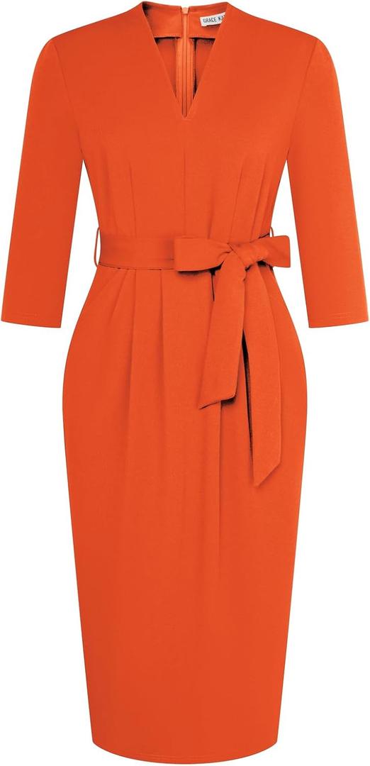 GRACE KARIN Womens Work Dresses V Neck 3/4 Sleeve Back Zipper Tie Waist Bodycon Dress Office Cocktail Dress with Pockets (XX-Large, Orange)