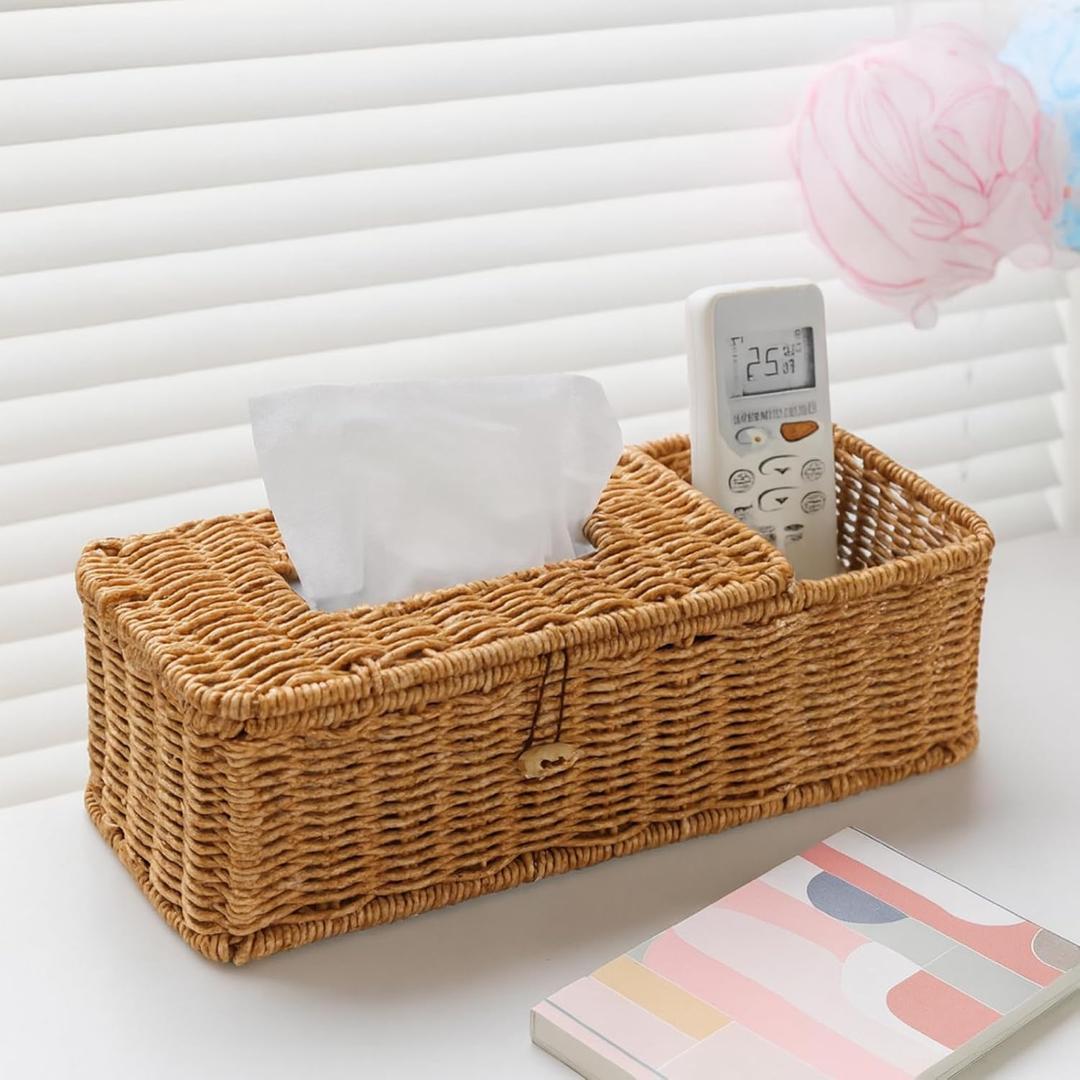 Rectangular Natural Rattan Tissue Box Cover Rustic Boho Decorative Seagrass Woven Wicker Facial Tissue Box Holder with Side Organizer for Bathroom Living Room Night Stand Table Office