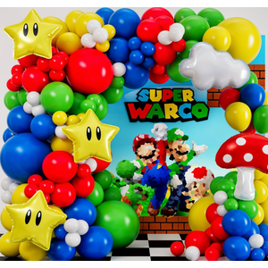 ALLIN1 Super Adventure Balloon Arch Kit with BONUS Mushroom, Cloud & Star Balloons for Bros Party Decorations  Red Blue Green Yellow Balloons for Video Game Birthday Decoration & Party Supplies