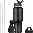 HYDROWION 40 oz Insulated Water Bottle with Straw fit in Car Cup Holder(Cold 48 hrs, Hot 24 hrs) Drinking Bottle with Straw Lid, Spout Lid and Flex Cap Leakproof Travel Thermo Mug，Black