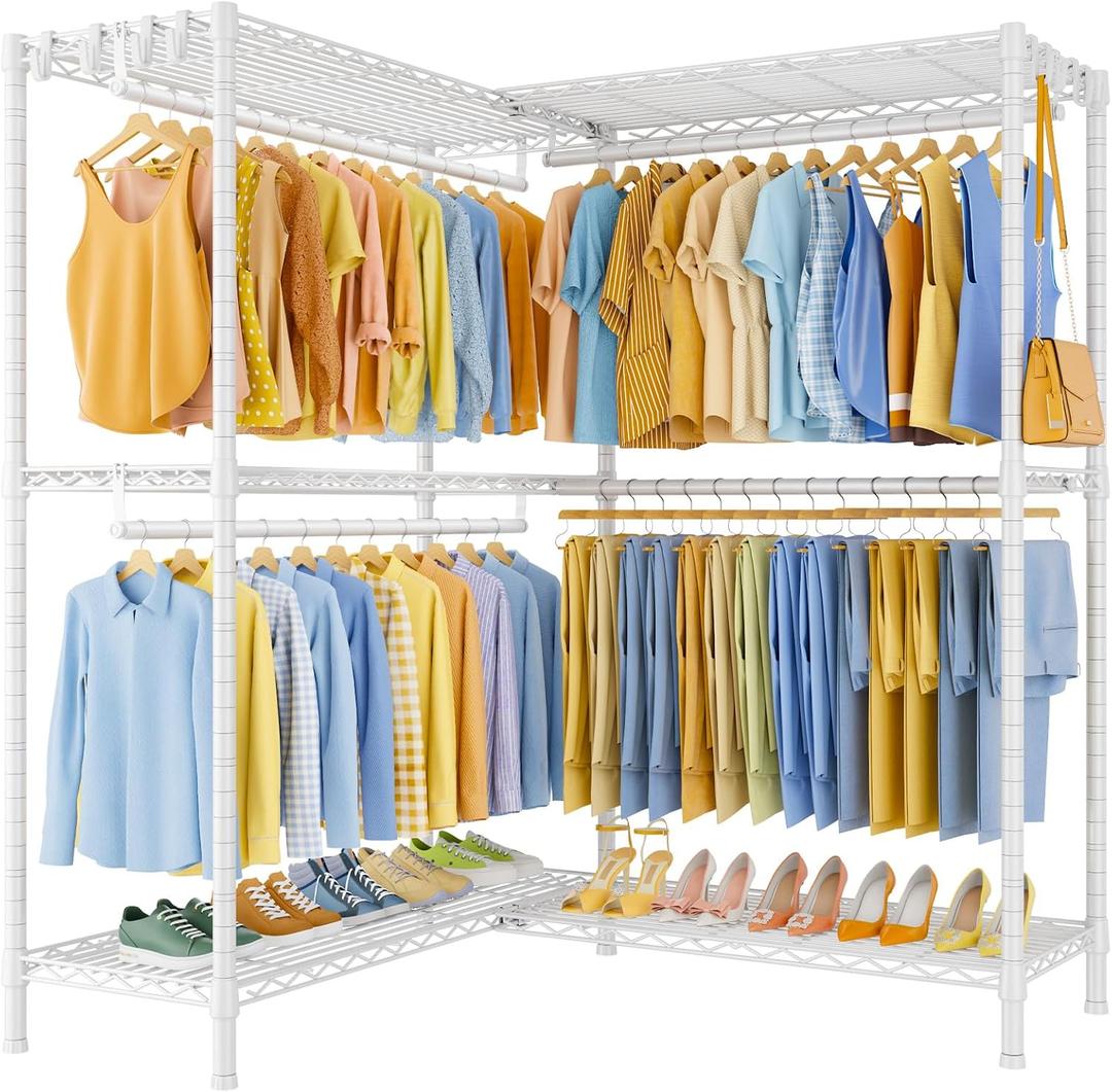 ULIFHOME E15 Pro Garment Rack L Shaped Clothes Rack for CornerFreestanding Clothing Racks for Hanging ClothesHeavy Duty Closet System with 4 Hanging Rods & 8 S Hooks48.8"W x 15.8"D x 78.4"HWhite