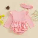 Newborn Baby Girl Outfit Ruffle Bubble Romper Long Sleeve Infant Bodysuit Jumpsuit with Headband Clothes (Pink)