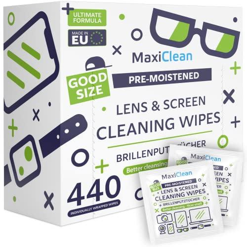 MAXI CLEAN 440 Pack Lens Wipes for Eyeglasses Pre-Moistened, Individually Wrapped Streak-Free Cleaning for Glasses & Laptop Screens, Glasses Cleaner Wipe Bulk 5.5 x 4.7 Inch, Sunglasses & Phone Wipe