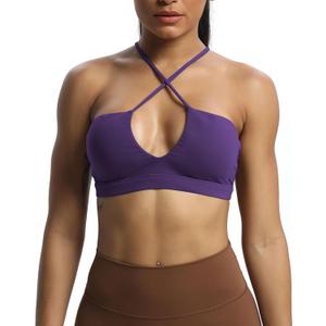 Aoxjox Women's Workout Sports Bras Jamie Deep V Fitness Training Gym Bra Yoga Crop Tank (Mulberry Purple)