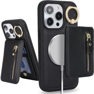 for iPhone 13 Pro Phone case with Card Holder with Compatible magsafe Magnetic, Key Chain PU Leather Flip Kickstand Detachable 2-in-1 Wallet case for Apple13Pro Women Men-Black
