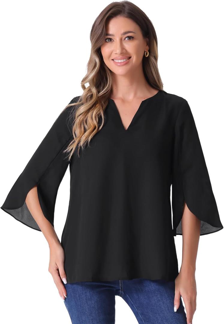 Allegra K Women's 3/4 Sleeve V Neck Chiffon Flowy Mesh Shirt Casual Loose Work Tunic Blouse Top (Black, S) Allegra K Women's 3/4 Sleeve V Neck Chiffon Flowy Mesh Shirt Casual Loose Work Tunic Blouse Top (Black, S)