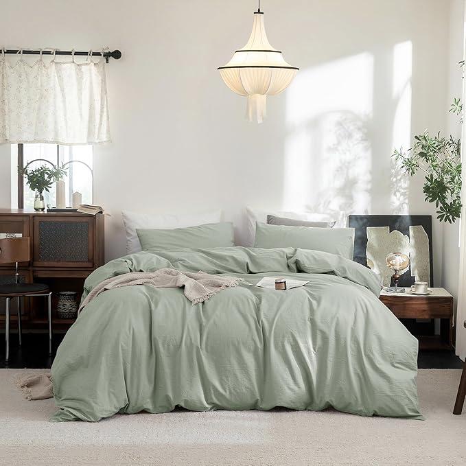 Cover Set 100% Washed Cotton Linen Feel Super Soft Breathable Cozy 3 Pieces Bedding Sets Solid Sage Green Queen