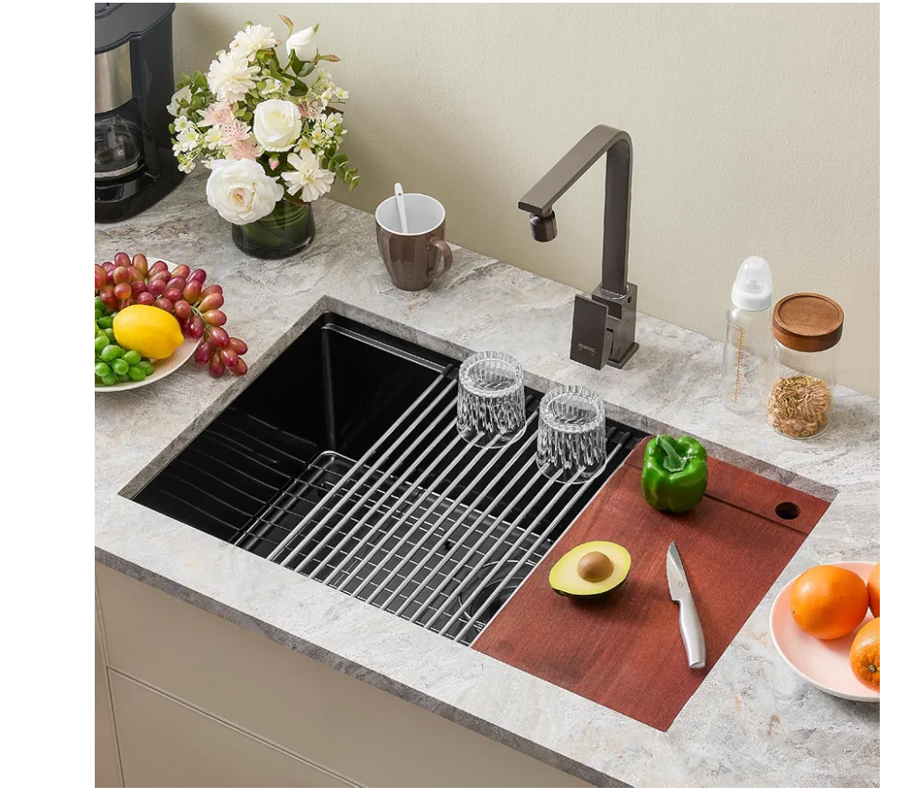 33 Inch Black Undermount Kitchen Sink Single Bowl Kitchen Stainless Steel Sink with Cutting Board,(Black, 33x19x10 Inch)