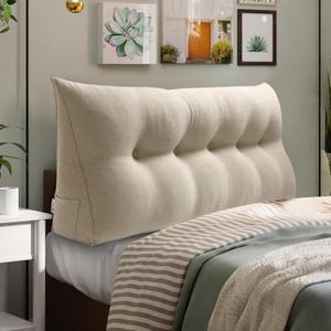 WOWMAX Headboard Pillow Queen Triangular Bed Wedge Pillow for Headboard Wedge Pillow Headboard for Daybed Bunk Bed Large Bolster Pillow for Bed with Removable Cover, 85% Linen 15% Cotton Blend (A-natural Color)