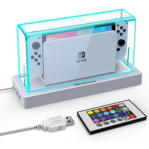 Mooroer Dust Cover with 16 LED Colors Light Base for Nintendo Switch/OLED, Acrylic Clear Display Box Anti-Scratch Waterproof Slim Dock Case, Cool Switch Accessories