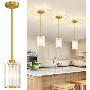 3 Pack Brushed Gold Pendant Lights Kitchen Island, Modern Crystal Chandelier Kitchen Pendant Lighting Over Island, Adjustable Hanging Mini Light Fixtures for Dining Room Hallway Corridor Bedroom