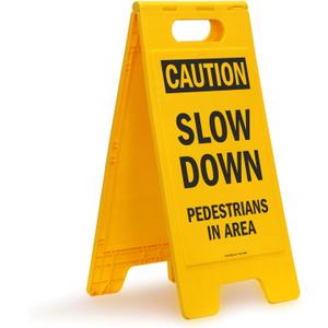 SmartSign - SF-0292-FB-25x12 Caution - Slow Down, Pedestrians In Area Folding Floor Sign By | 25" x 12" Plastic Black on Yellow
