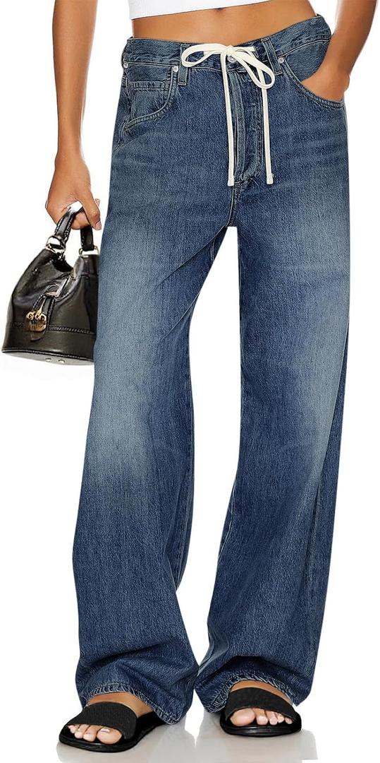 Cicy Bell Womens Wide Leg Jeans Drawstring High Waisted Baggy Straight Leg Jeans Trendy Boyfriends Denim Pants with Pockets (Blue)
