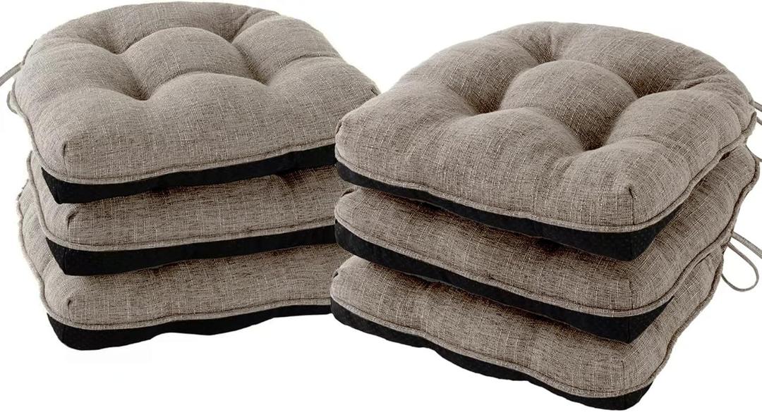IPYNBAP Chair Cushions for Dining Chairs Set of 6, Kitchen Chair Cushions, Chair Pads with Ties and Non Slip Backing, Tufted Memory Foam Seat Cushion 6 Pack, 15.5" x 15.5" x 4", Khaki
