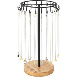 Mkono Necklace Holder Metal Jewelry Display Stand Necklace Organizer with 22 Hooks for Storage and Hanging Bracelet Keychain Home Room Decor for Women,Wood