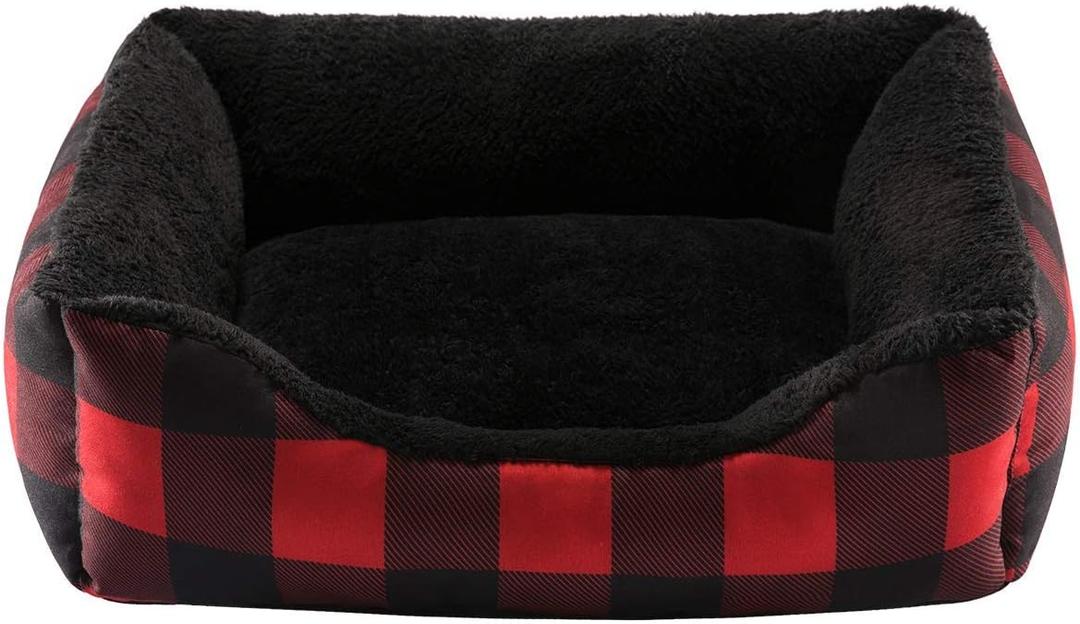 Hollypet Printed Flannel Rectangle Plush Dog Cat Bed Self-Warming Pet Bed, Red Checked (Medium)