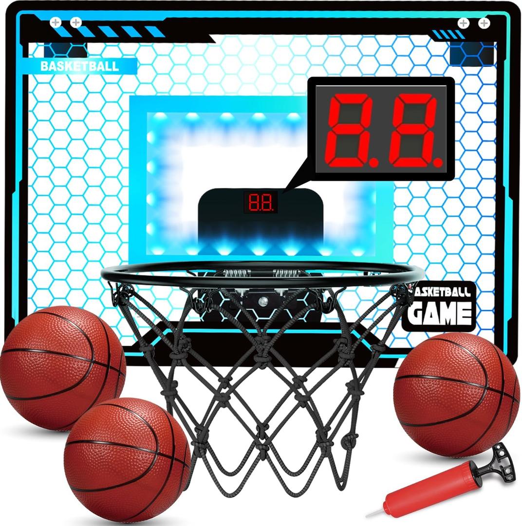 Folimix Mini Basketball Hoop Indoor for Kids, Basketball Hoop Over The Door with LED Lighting, Electronic Scoreboard & 3 Balls, Basketball Toys Gifts for 6 7 8 9 10 11 12 Year Old Teen Boys Christmas
