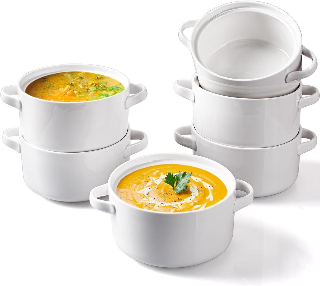 DELLING Soup Bowls with Handles Set of 6, 24 Oz Ceramic French Onion Soup Crocks Oven Safe - Large Soup Mugs for Chili Stew Cereal, Microwave Dishwasher Safe, White