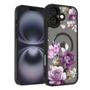 SobLn for iPhone 16 Plus Case, Black Floral Flower Pattern Case [Compatible with MagSafe] [Translucent Matte] Cute Slim Shockproof Protective Women Girls Phone Case 6.7", Pink Purple Flower
