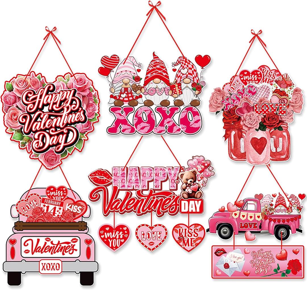 Pink-Red Valentines-Day Front-Porch Door Hanger-Decor - 6pcs Love Romantic Special Night Galentines Party Paper Signs Banners,Engagement Wedding Anniversary Wall Hanging Decorations Lasting Surprise