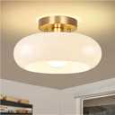 Gold Semi Flush Mount Ceiling Light,11inch Mid Century Modern Light Fixture,Hallway Lighting Fixture with Milk White Glass Shade,Vintage Ceiling Lamp for Kitchen,Porch,Entryway,Closet,Bedroom