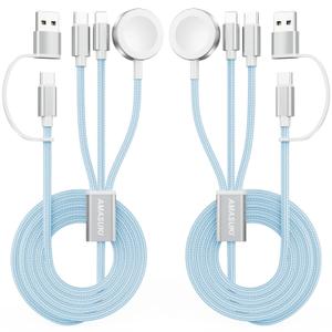 2Pack Travel Essentials,3 in 2 USB C Cable for Apple Watch Charger,iPhone Charger,Multi Charging Cable,Cruise Vacation Camping,Portable for iWatch Series 11-2/Ultra/SE & iPhone 17-12,Car,Blue (4FT)
