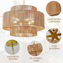 30.7in Large Rattan Chandeliers, 3-Tier Woven Boho Pendant Lights, Hemp Rope Hanging Ceiling Light, Wicker Lighting Fixture for Living Room, Dining Room, Bedroom, Kitchen Island