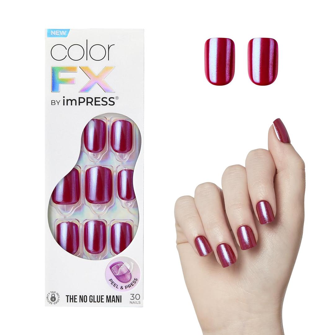 KISS imPRESS No Glue Mani Press On Nails, Color FX, 'This City', Dark Red, Short Size, Squoval Shape, Includes 30 Nails, Prep Pad, Instructions Sheet, 1 Manicure Stick, 1 Mini File